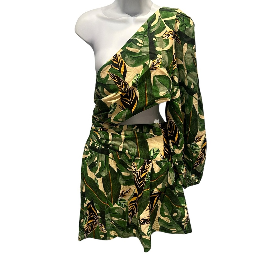 Farm Rio Tropical Leaves One Shoulder Mini Dress Green Large New with Tags - Picture 6 of 16